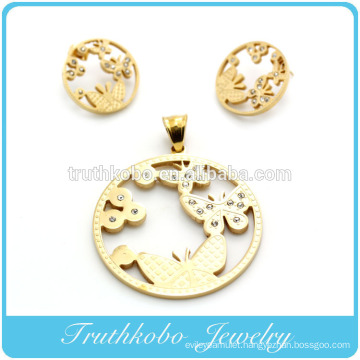 2014 most popular high quality gold stainless steel laser cut gold round animal butterfly shape earring and pendant jewelry set